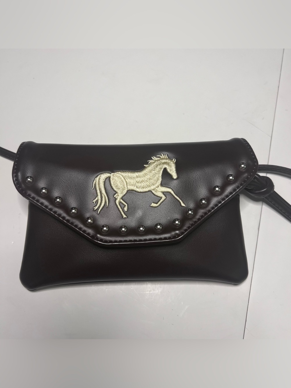 Dark Brown Women's Crossbody Clutch with Gold Horse Embroidery